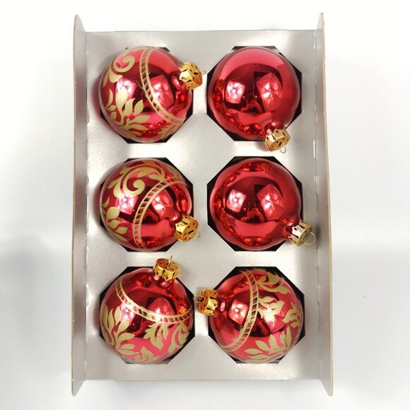 Vtg Christmas Glass ornaments Tree Baubles round red with gold glitter pattern - Picture 2 of 5